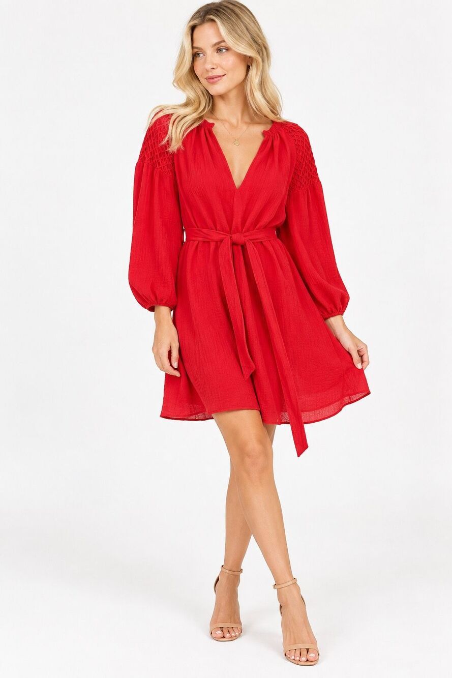 Tuckernuck Pomander Place Parker Red Smocked Puff Sleeve Mini Dress Small